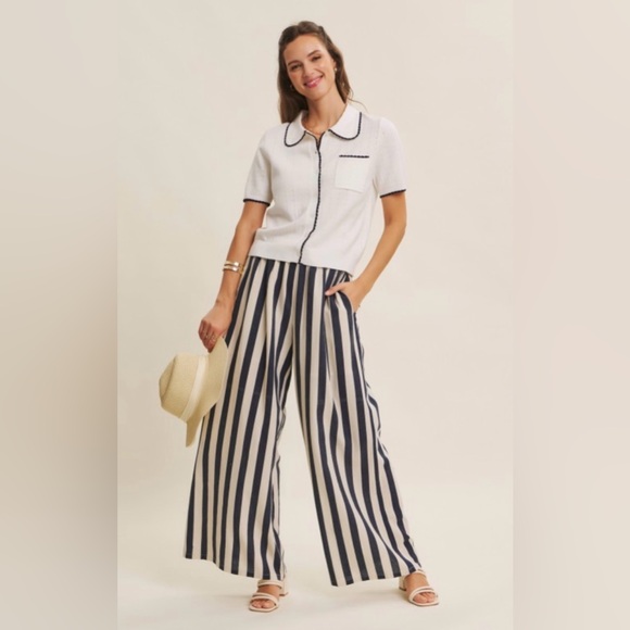 Navy and White Striped Wide-Leg Pants - Picture 4 of 4